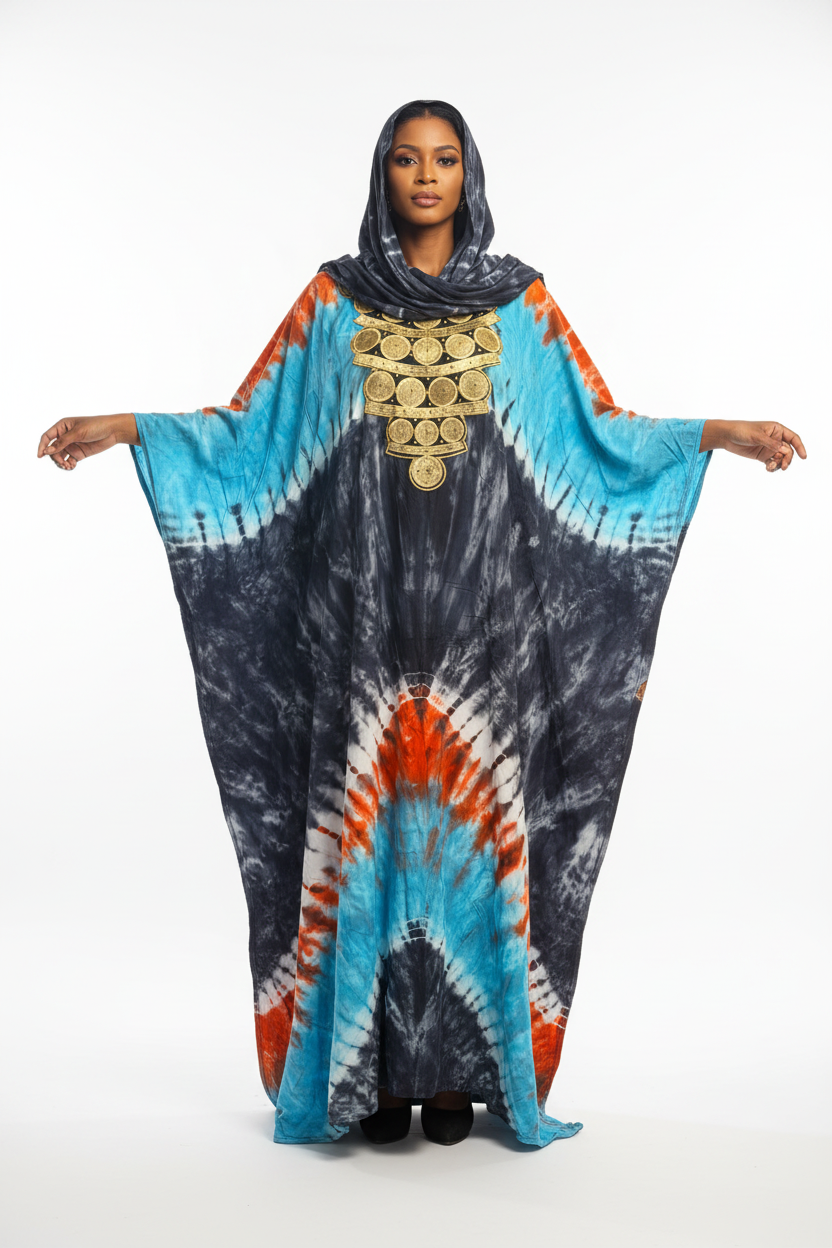 Robe Bintou en tissu tie-dye kaki/orange/bleu, avec grand foulard assorti et broderie dorée en médaillons