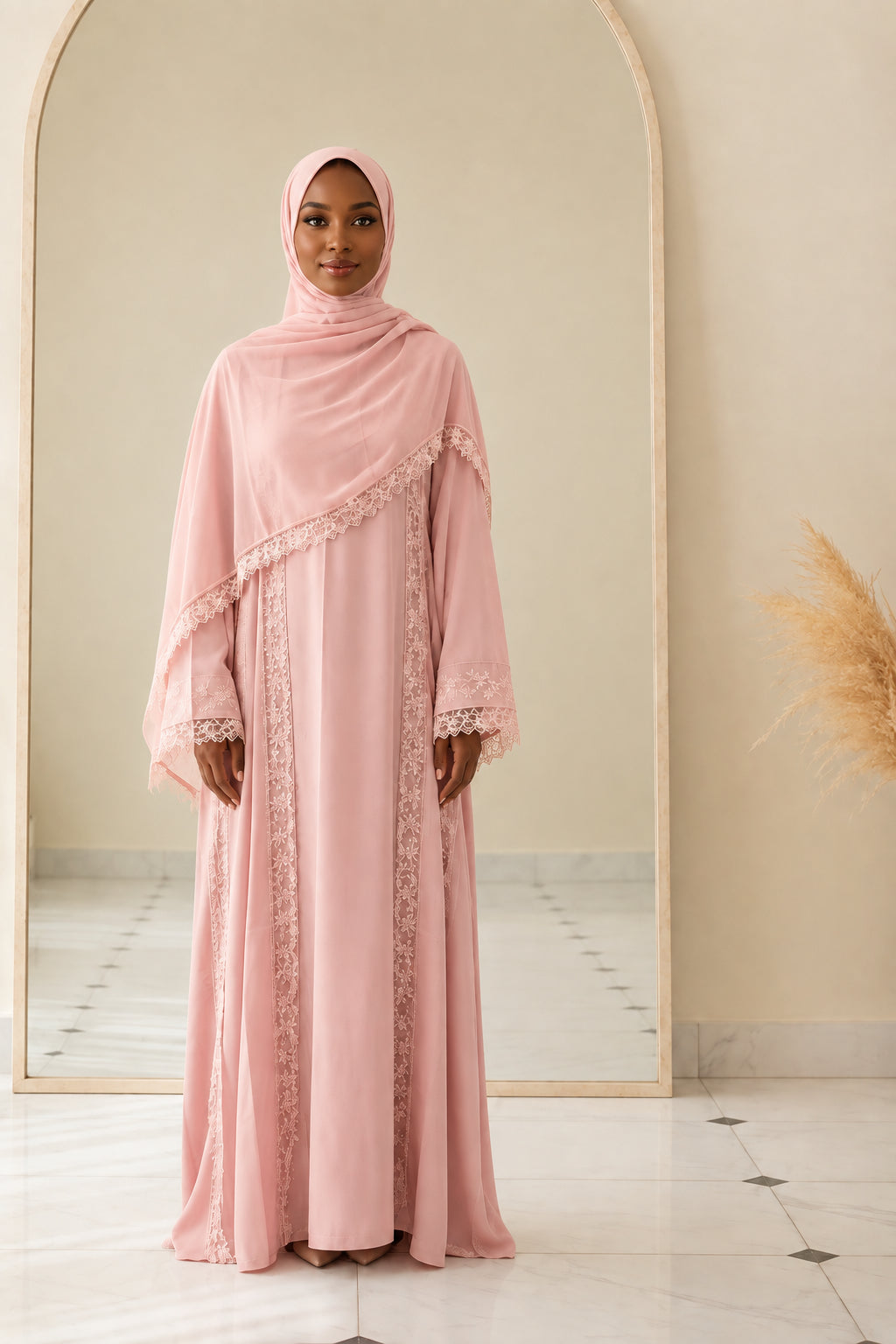 Abaya Amalya rose poudré à dentelle brodée, vue de face