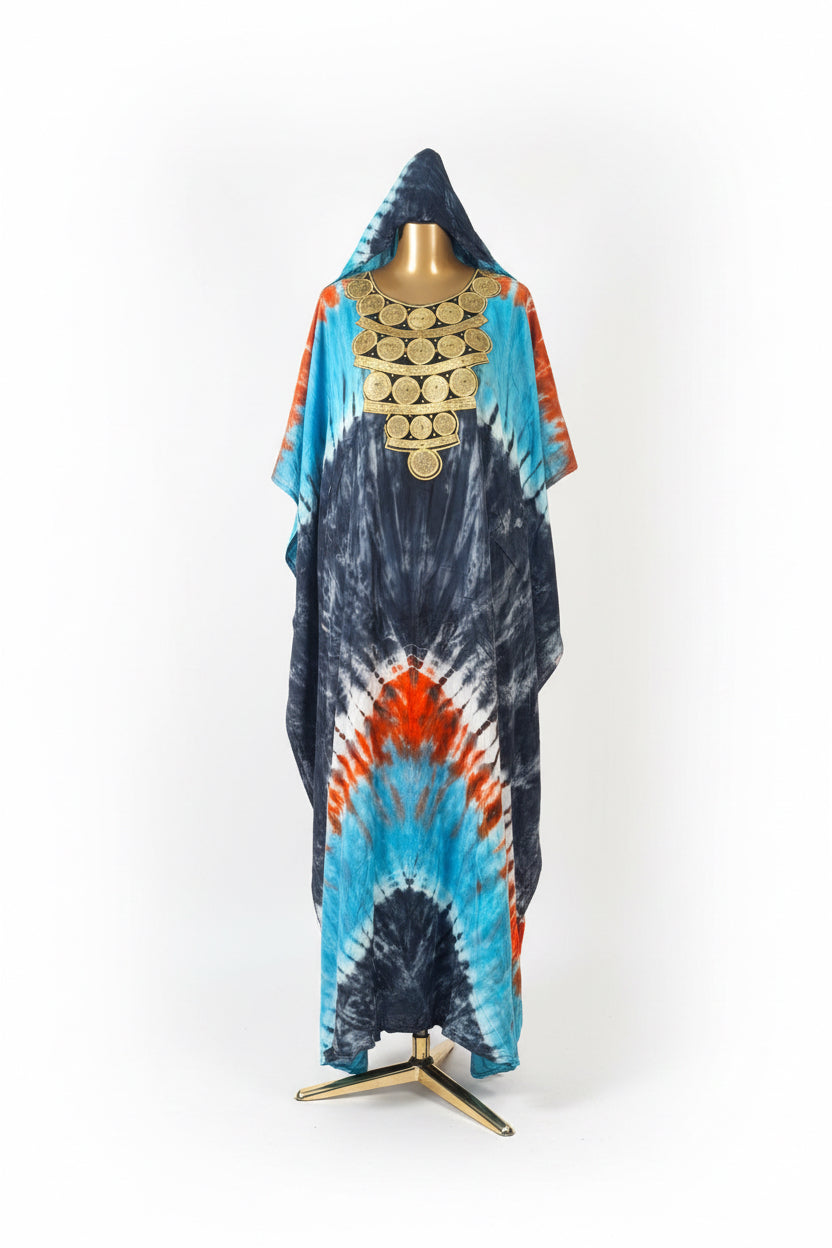 Robe Bintou bleu/noir/orange tie-dye avec grand foulard assorti et broderie dorée - vue de face sur mannequin