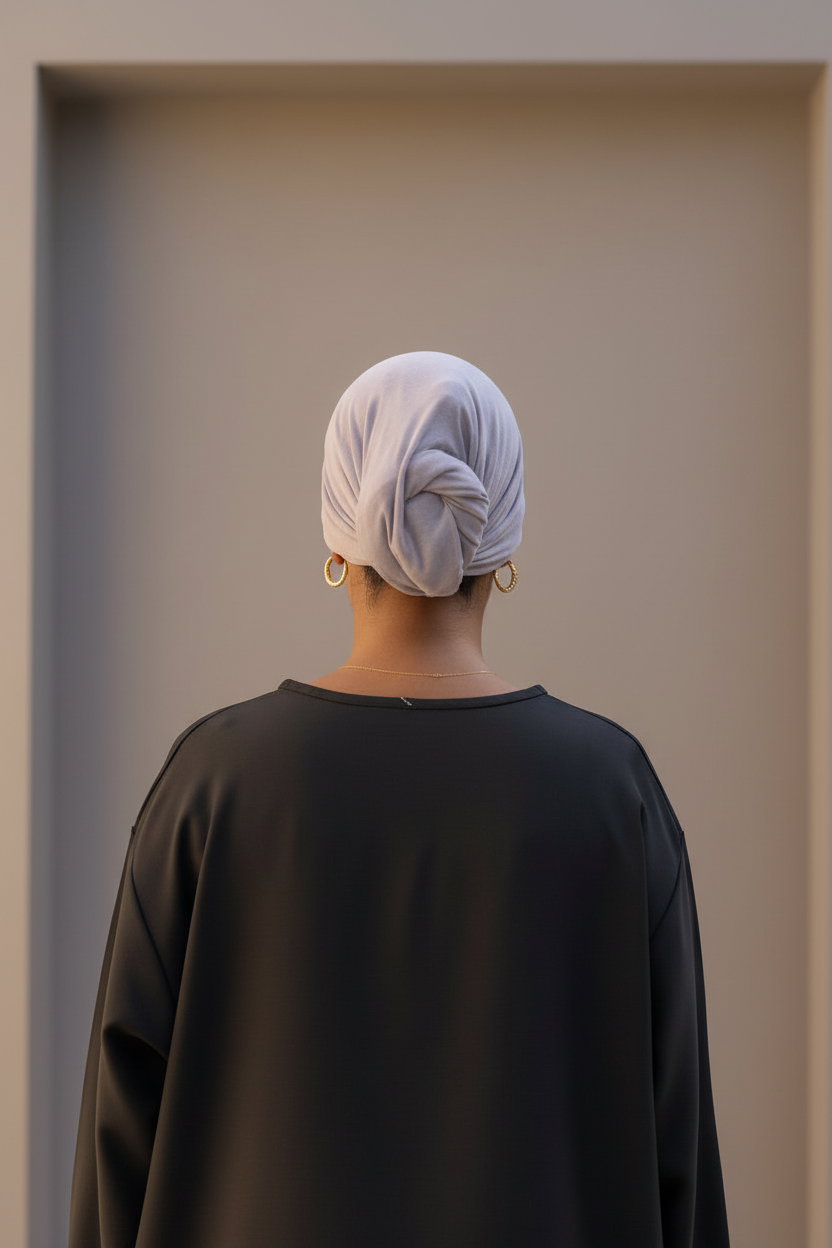 Abaya Mina noire – vue de dos rapprochée, col et foulard assorti