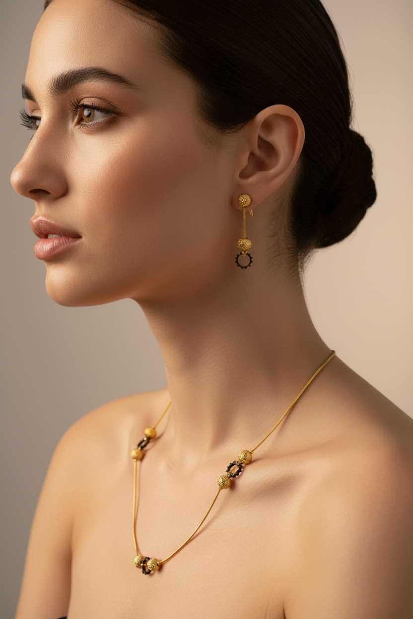 Parure collier et boucles d'oreilles motif boule plaquée or, portée par une femme, vue de profil
