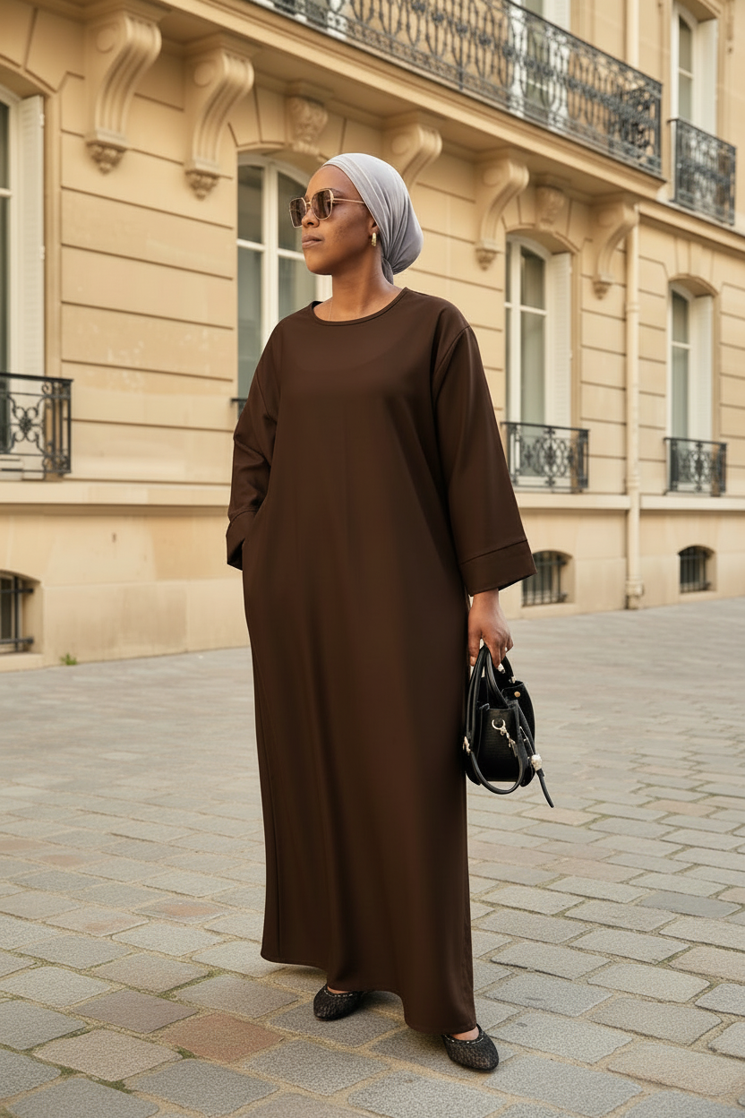 Abaya Mina marron foncé – vue de face, portée dans une rue parisienne