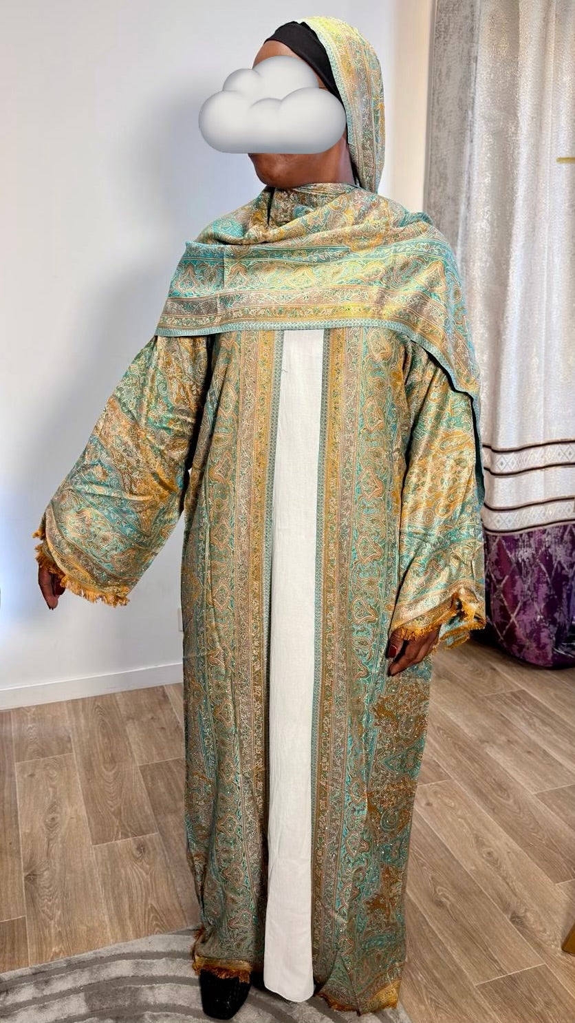 Abaya Pashmina Himalaya, construction kimono avec foulard assorti inclus.