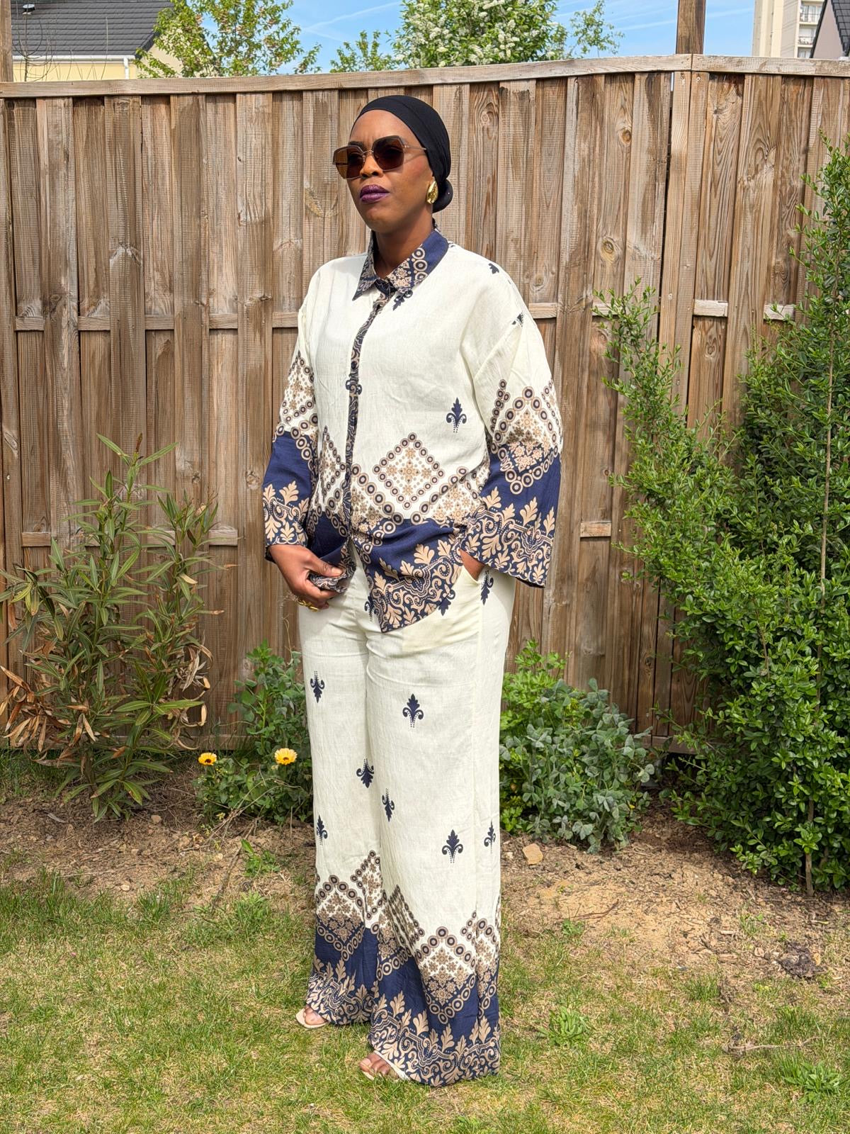Ensemble en lin avec motifs