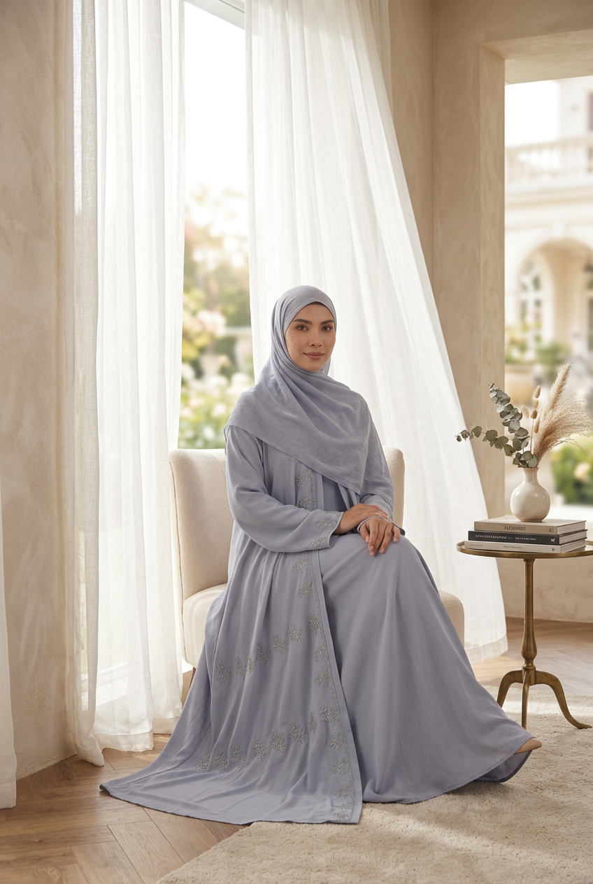 Abaya femme Odilia bleu-gris brodée de fleurs et strass – portée assise dans un salon lumineux, avec hijab assorti