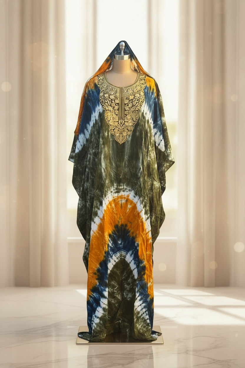 Boubou brodé Awa orange tie-dye - tenue africaine femme en coton imprimé avec broderie dorée