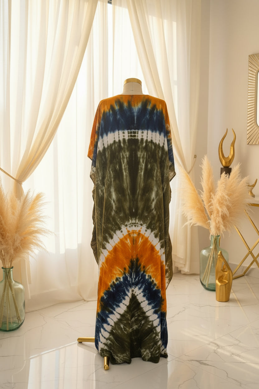 Boubou africain femme Awa – détail de la broderie dorée sur coton imprimé