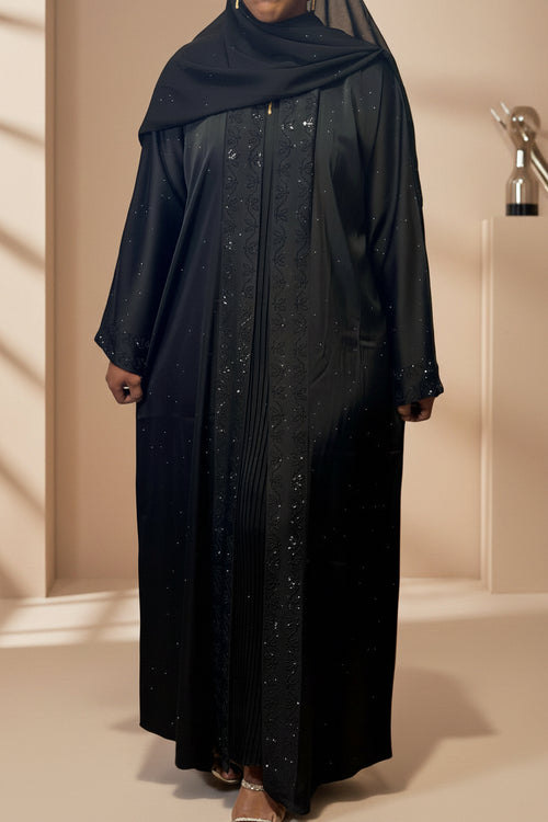 Abaya femme Sultana noire en soie de Médine à détails scintillants – vue de face