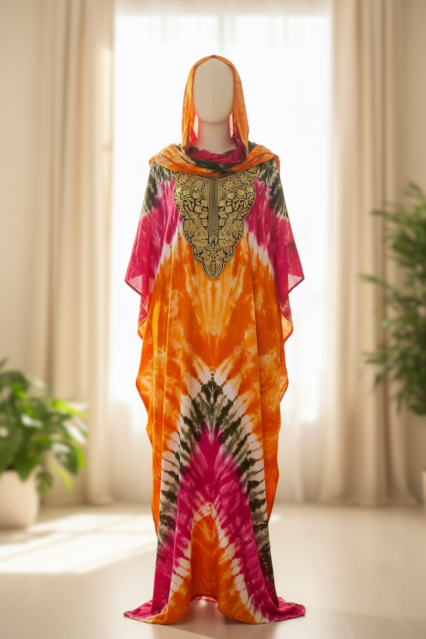 Boubou brodé Awa violet tie-dye - tenue africaine femme en coton imprimé avec broderie dorée