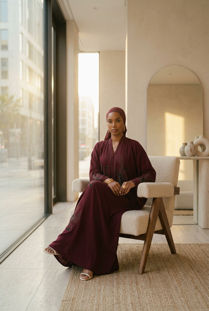 Abaya femme Nourdine rouge bordeaux coupe fluide – portée assise avec hijab assorti