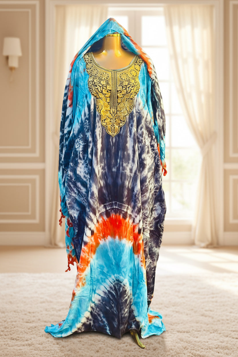 Boubou brodé Awa bleu tie-dye - tenue africaine femme en coton imprimé avec broderie dorée