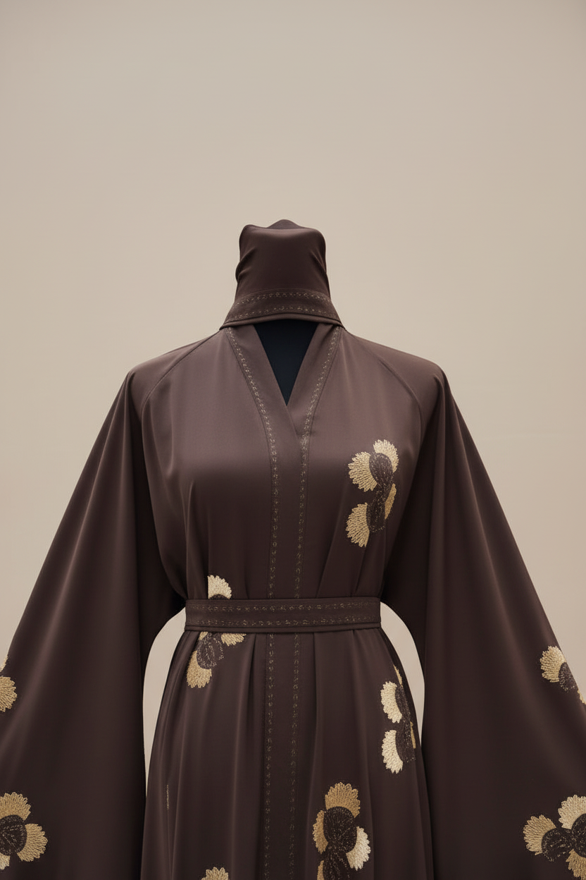 Abaya Hapsatou marron à fleurs dorées appliquées – vue de face sur mannequin