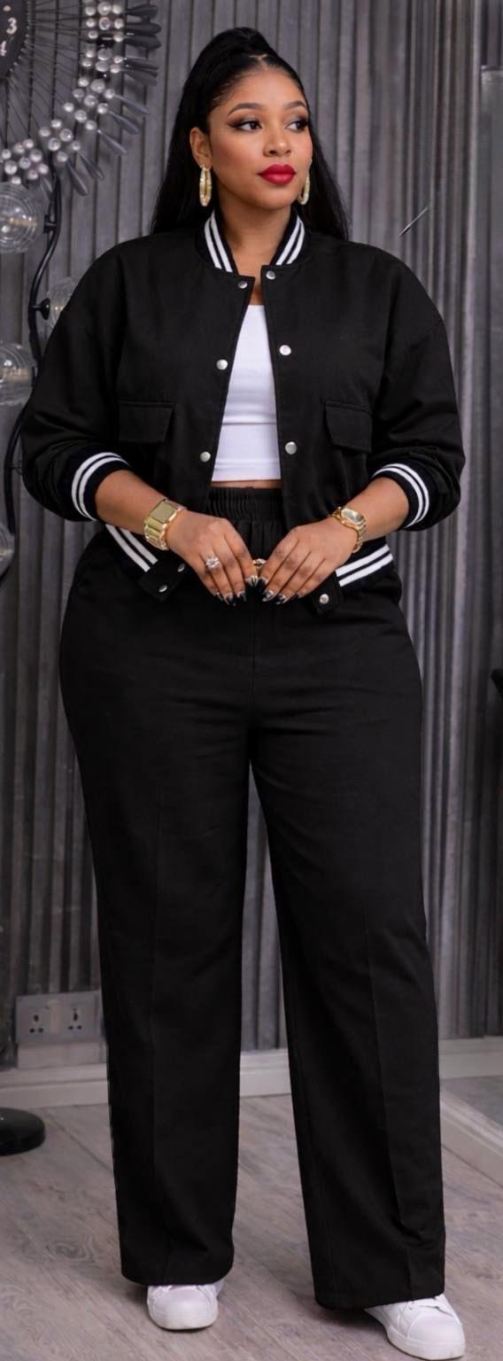 Ensemble jogging bomber Amy noir - veste oversize et pantalon large taille haute pour femme
