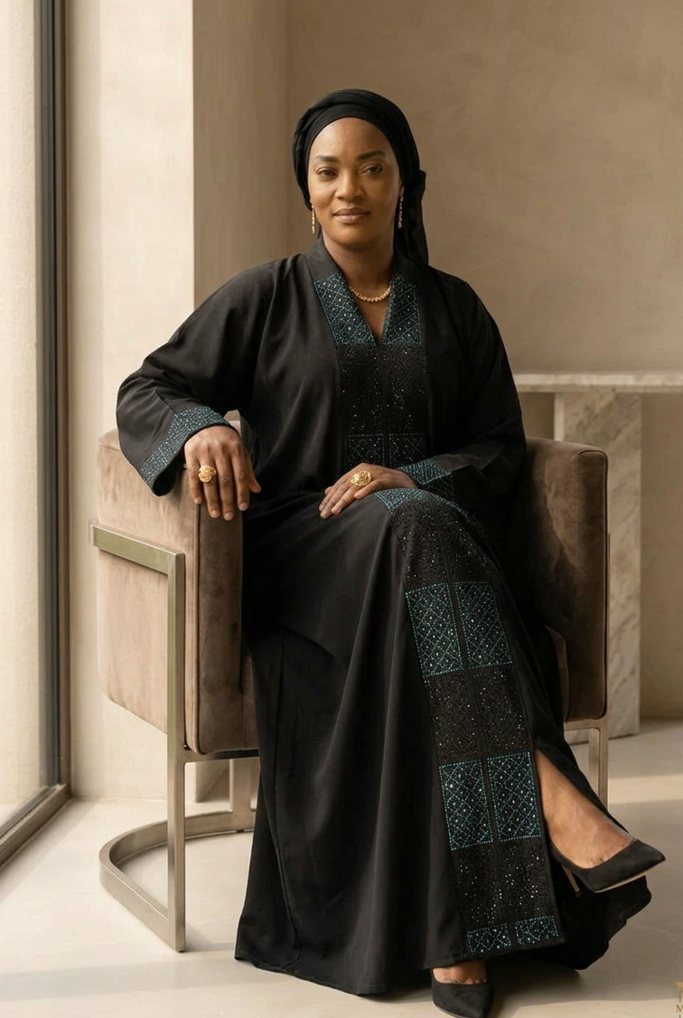 Abaya femme Safa noire à broderies rehaussées de strass – portée assise