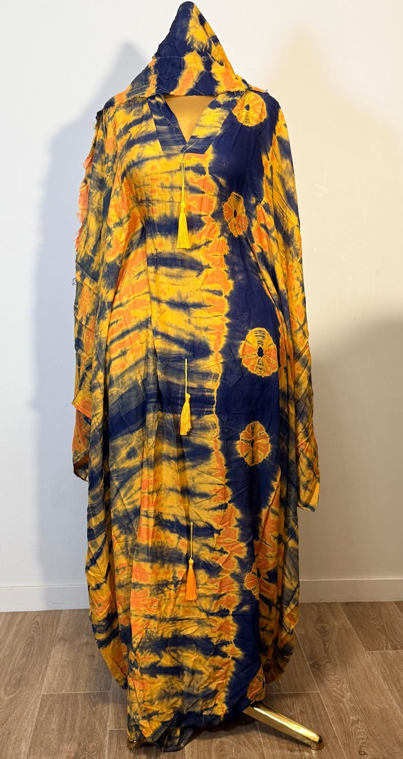 Robe Bintou bleu marine et moutarde vue de côté