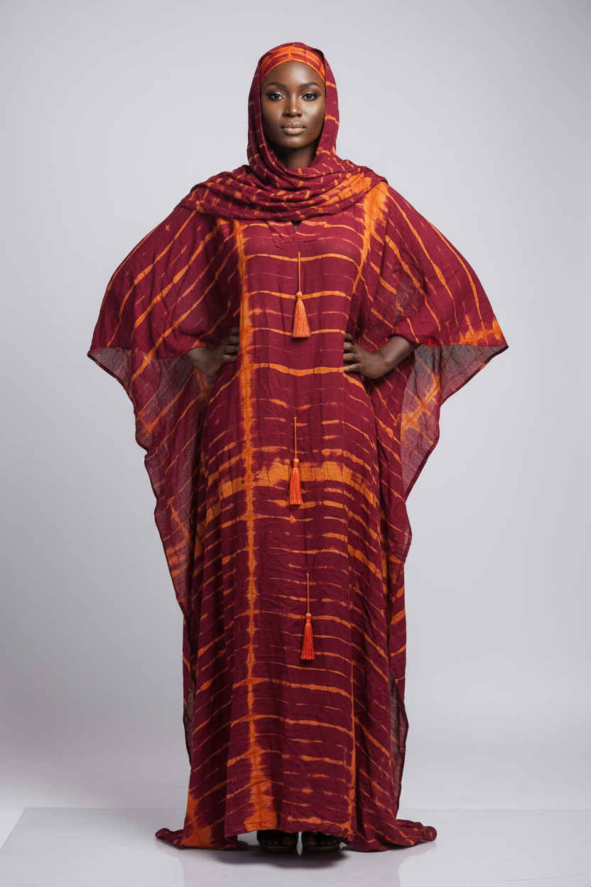 Robe Bintou bordeaux à rayures dorées vue complète