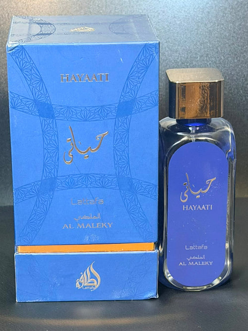 Hayaati Al Maleky Lattafa 100ml - eau de parfum ambrée épicée, coffret et flacon bleu
