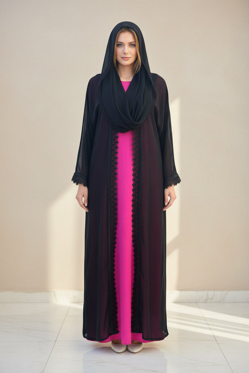 Abaya femme Zhora deux pièces rose et noir portée