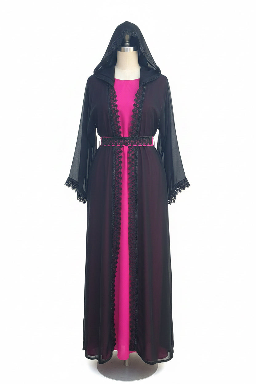 Abaya femme Zhora deux pièces rose et noir – autre vue