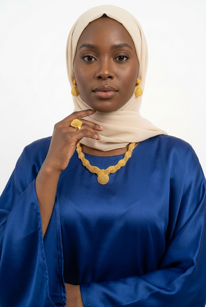 Parure Amy plaqué or – collier filigrane en gouttes, boucles d'oreilles et bague sur buste