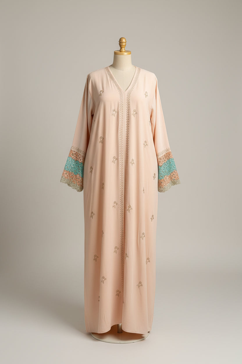 Abaya femme Aminata beige avec voile assorti, manches brodées turquoise et corail