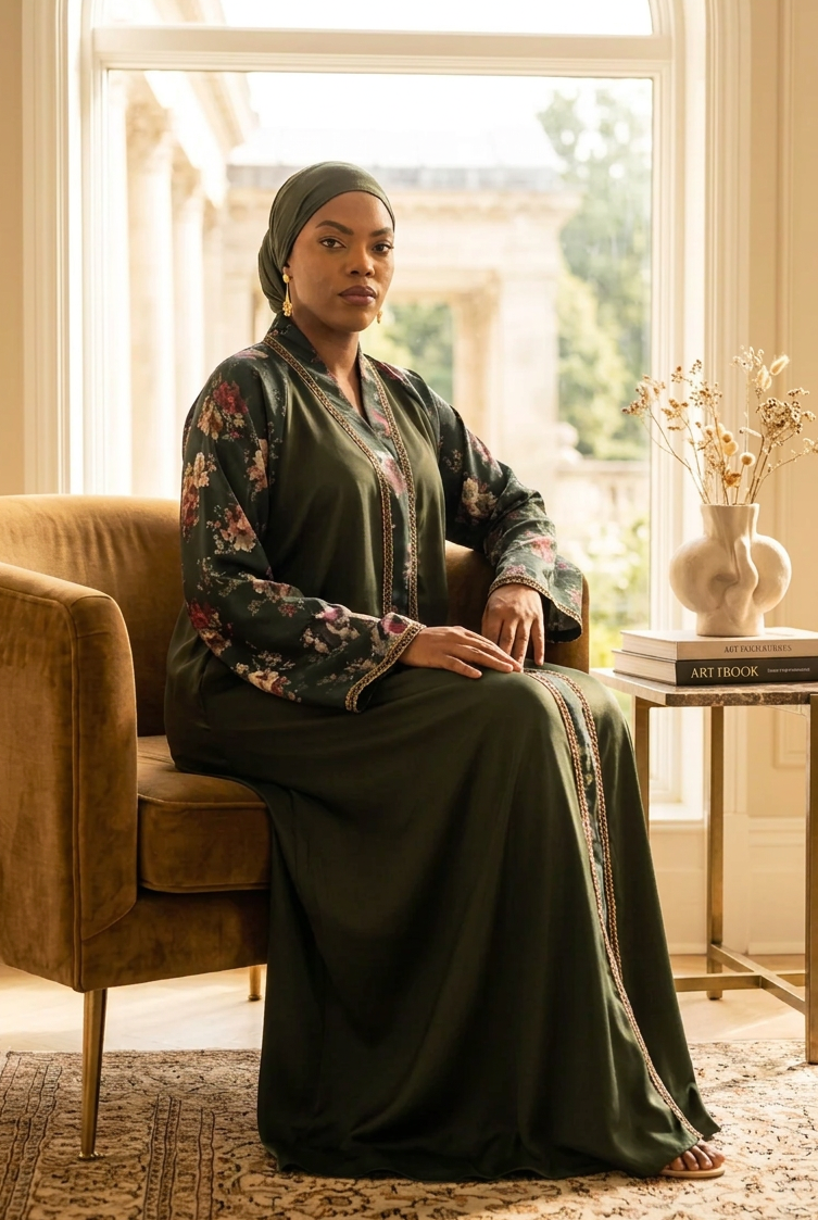 Abaya Verde Scuro Donna con Cappuccio e Profilo Dorato – Alya