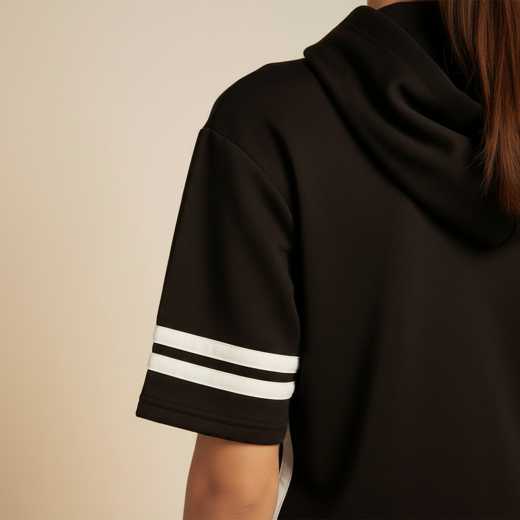 Ensemble Safiya noir à bandes blanches – détail capuche et manche rayée