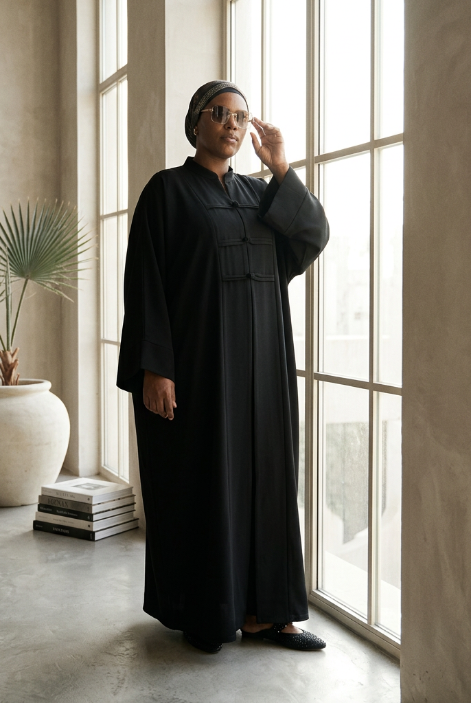 Ensemble Kimora femme noir, tunique longue col mandarin portée avec lunettes de soleil et foulard, vue de face en pied, fond uni