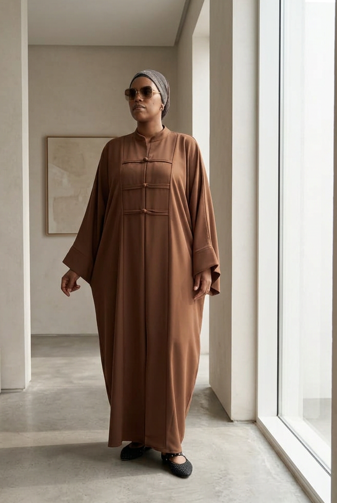 Ensemble Kimora femme marron, tunique longue col mandarin portée avec lunettes de soleil et foulard, vue de face en pied, fond uni