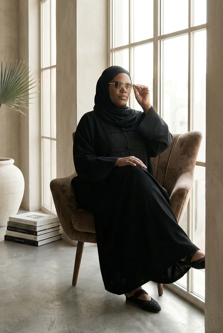 Ensemble Kimora femme noir, tunique longue col mandarin – porté assis avec hijab
