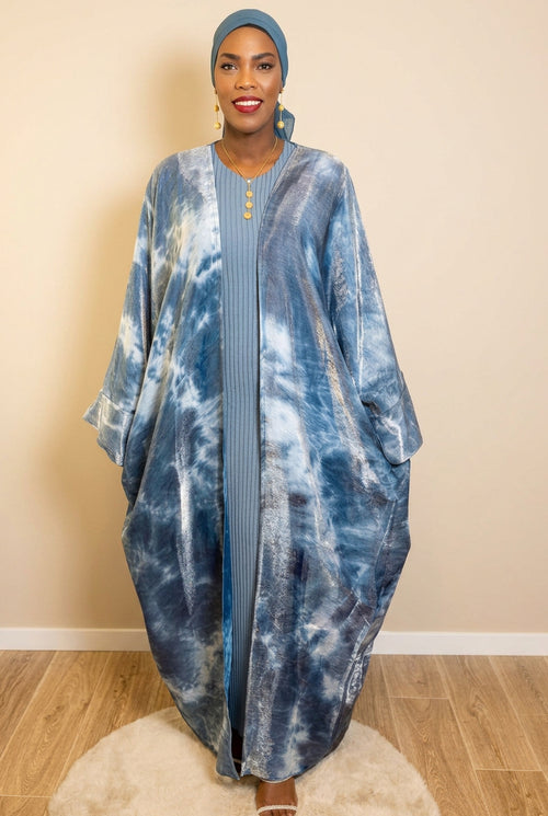 Abaya femme Raina bleu tie-dye – boutons dorés