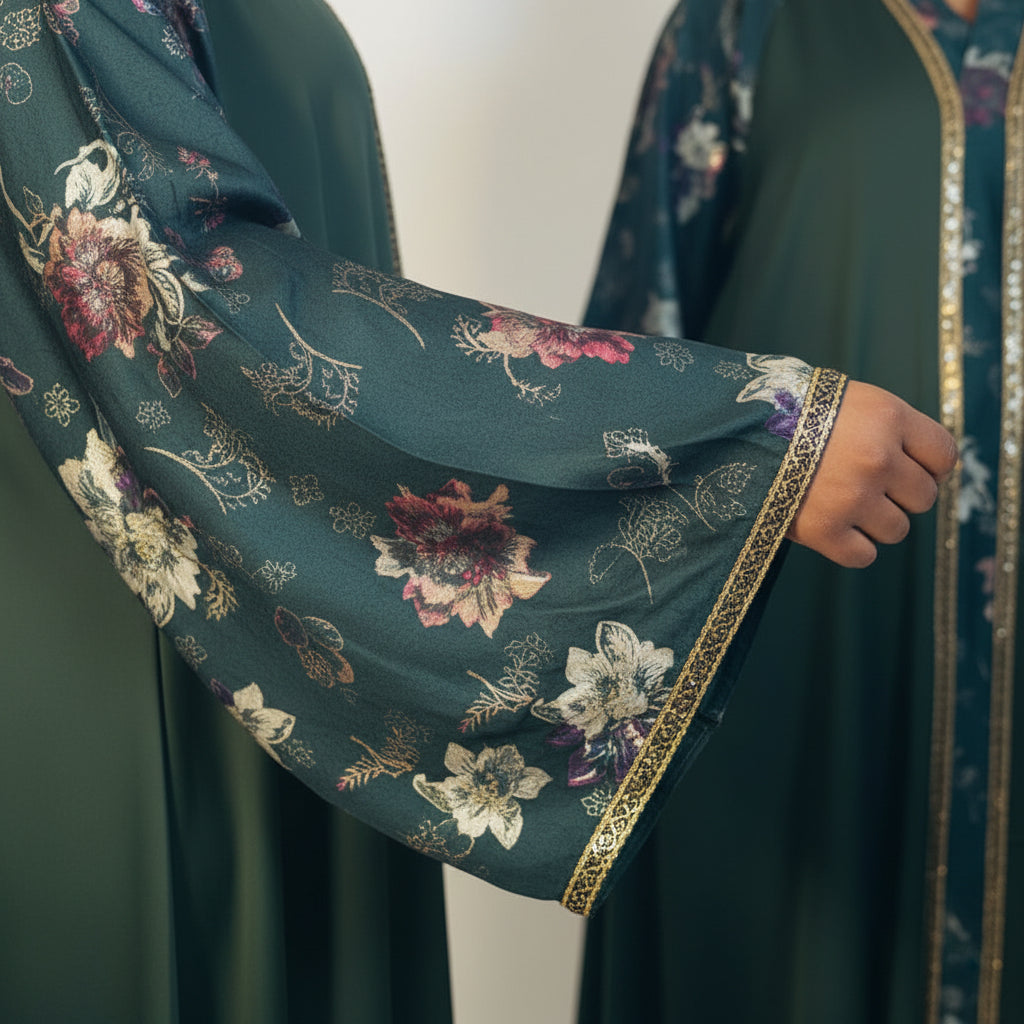 Abaya Alya vert profond – vue de face, ouverture en V et bordure dorée, capuche assortie