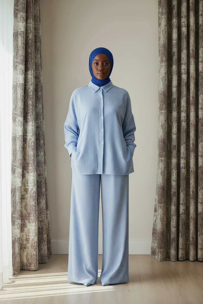 Ensemble Nadia femme bleu ciel à rayures, chemise et pantalon coton, vue de face