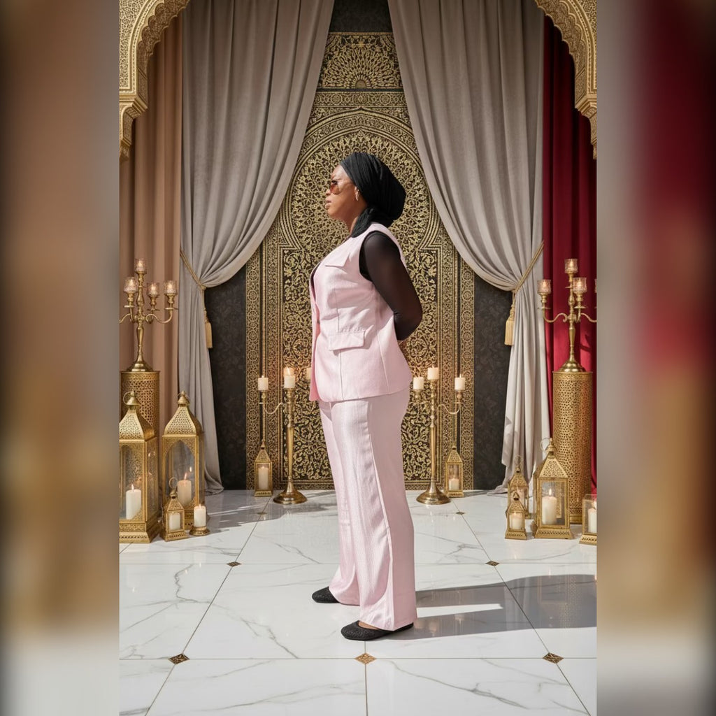 Ensemble Hana femme rose poudré – gilet sans manches et pantalon palazzo, vue de profil - Shop by Lyah
