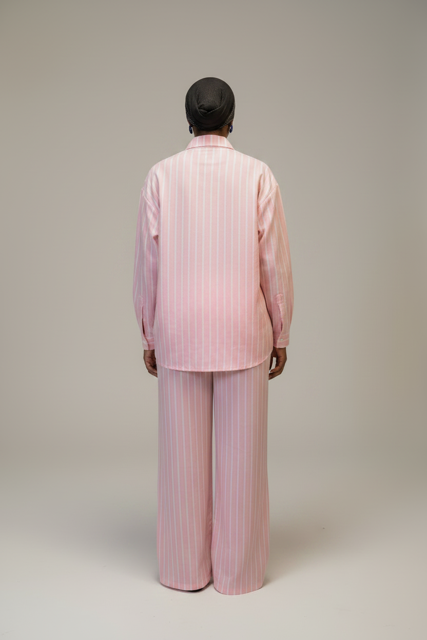 Ensemble Nadia femme rose à rayures, vue de dos, chemise et pantalon coton