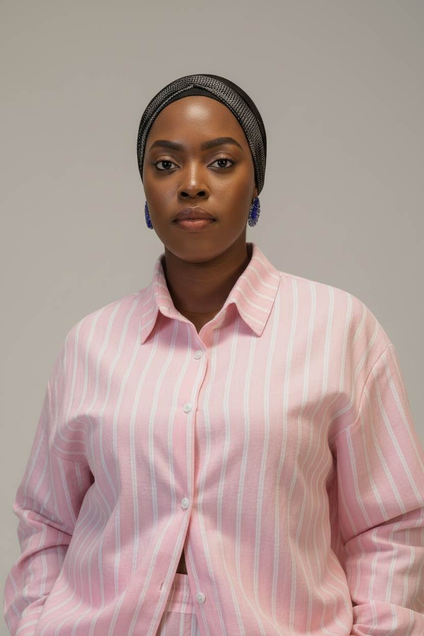 Ensemble Nadia femme rose à rayures, gros plan tissu coton