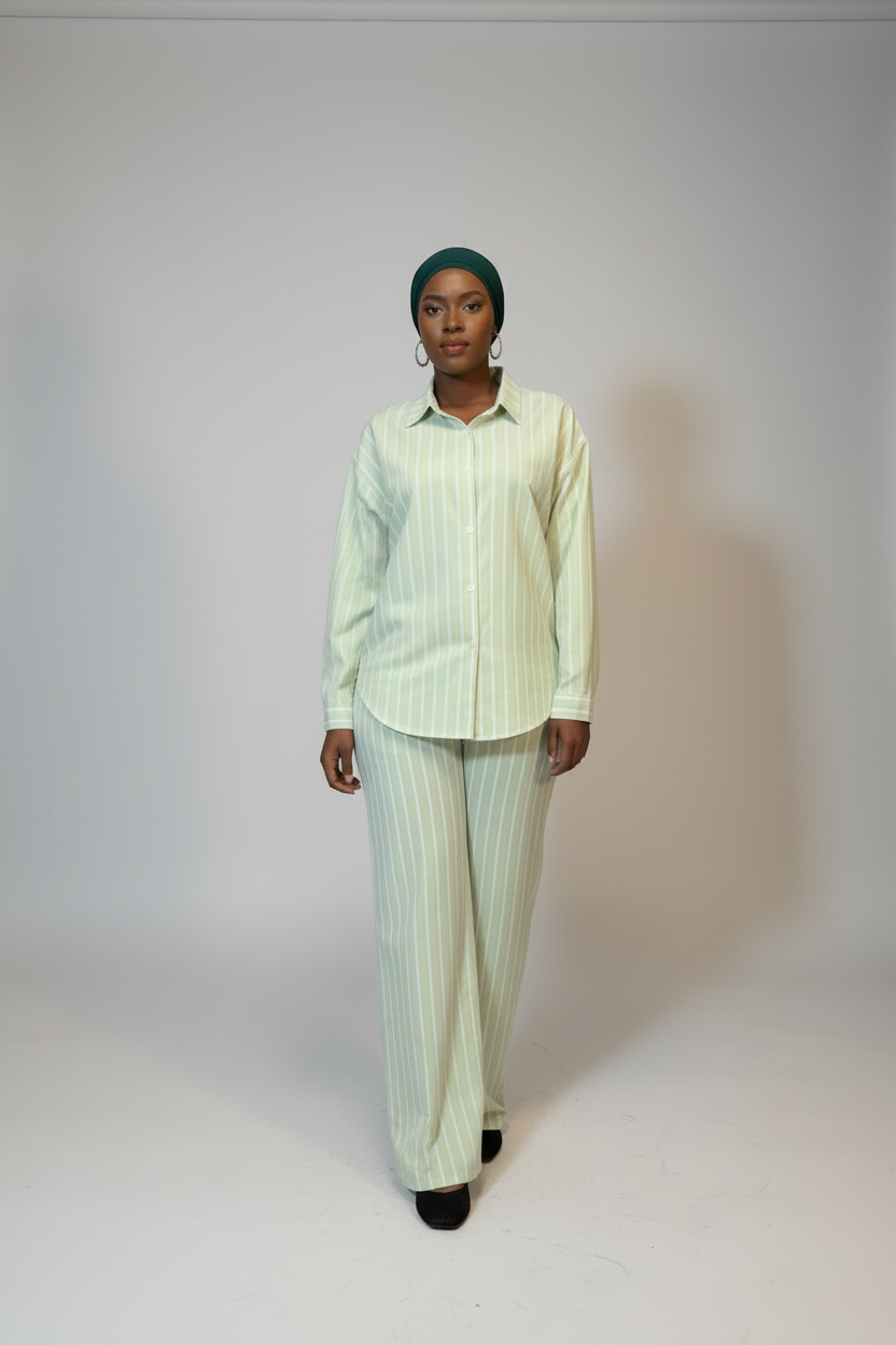 Ensemble Nadia femme vert à rayures, vue de face, chemise et pantalon coton