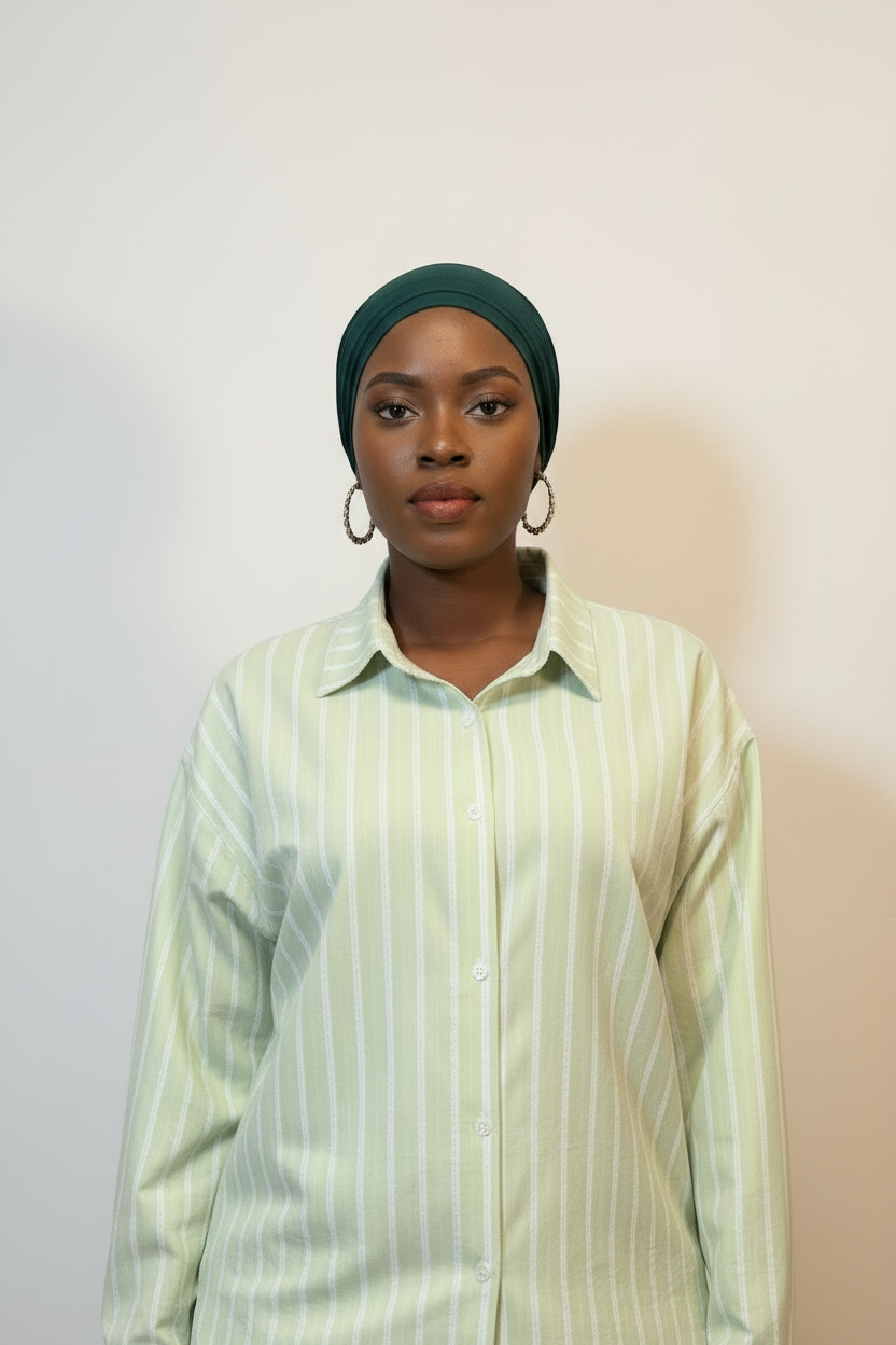 Ensemble Nadia femme vert à rayures, gros plan tissu coton