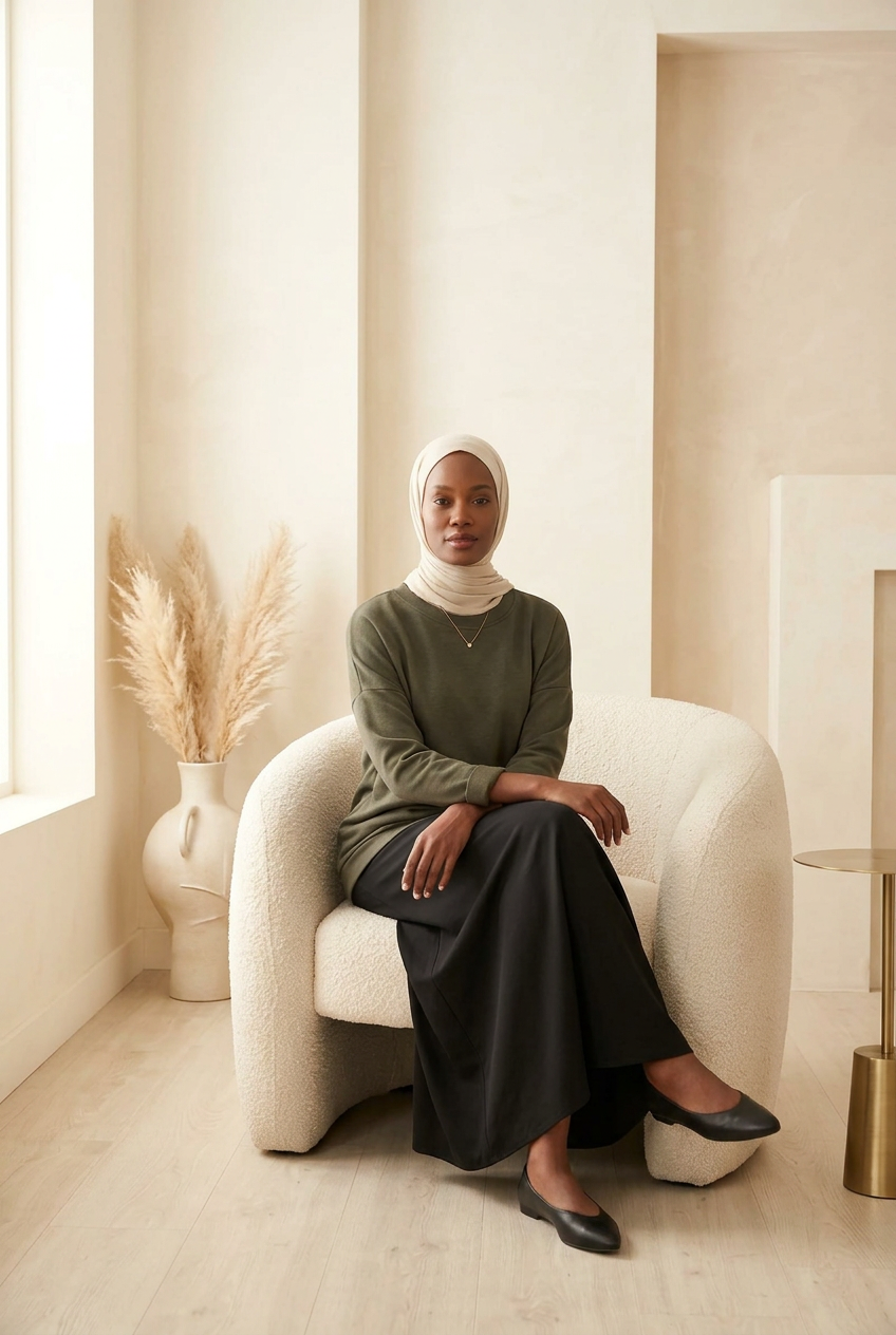 Pull long Aicha kaki porté avec un pantalon noir, coupe oversize et dentelle au bas
