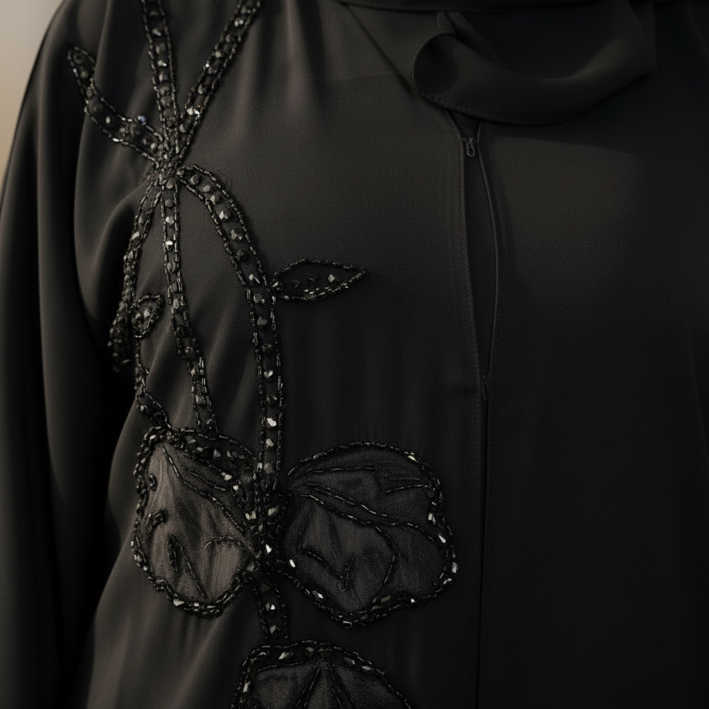 Abaya femme Rokia – détail des broderies florales