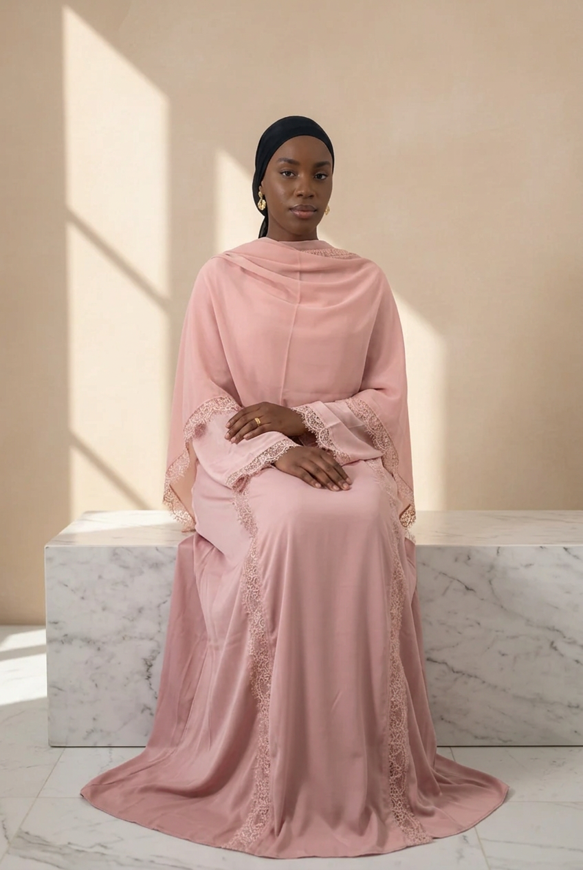 Abaya Amalya rose poudré portée avec hijab assorti