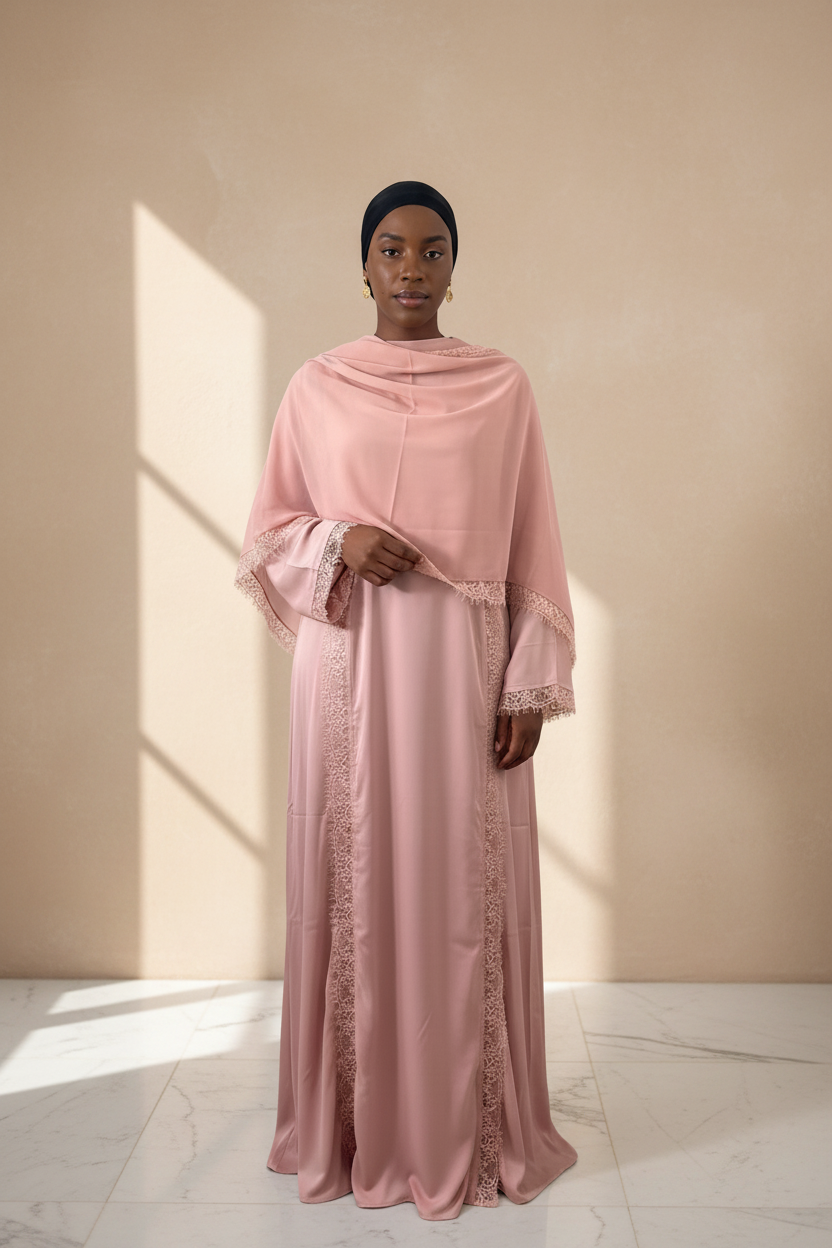 Abaya Amalya rose poudré portée avec hijab assorti