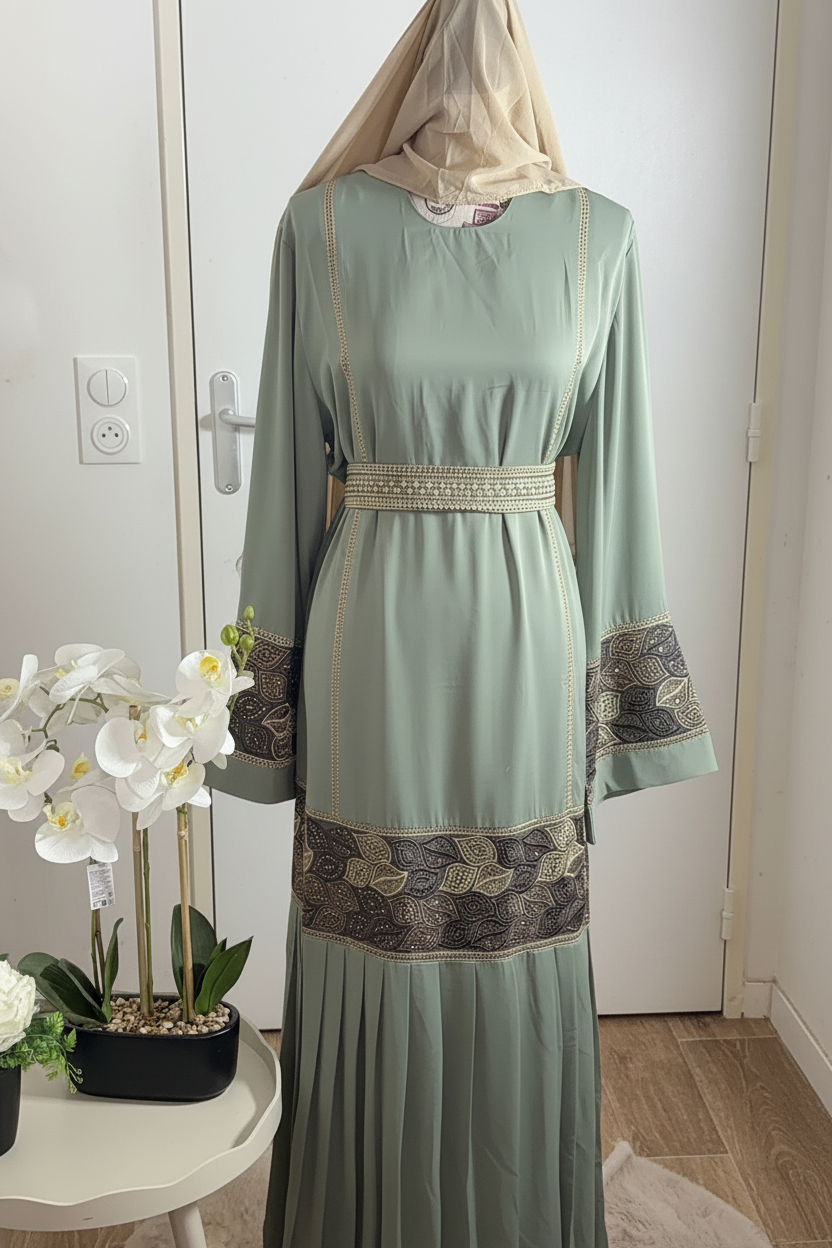 Shop by Lyah – Abaya Inaya Vert – Broderies dorées