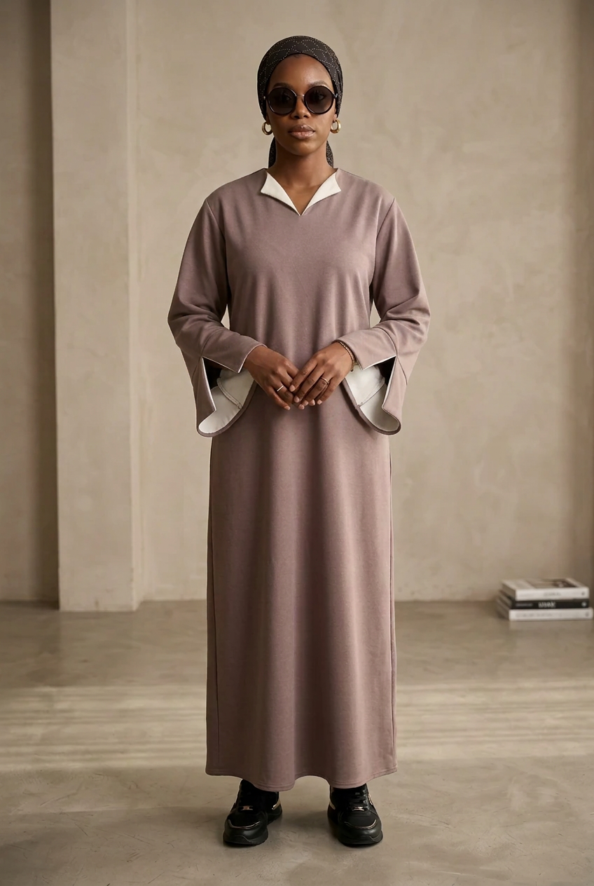 Robe Abaya Longue Ample Femme Col V Contrasté – Rokia