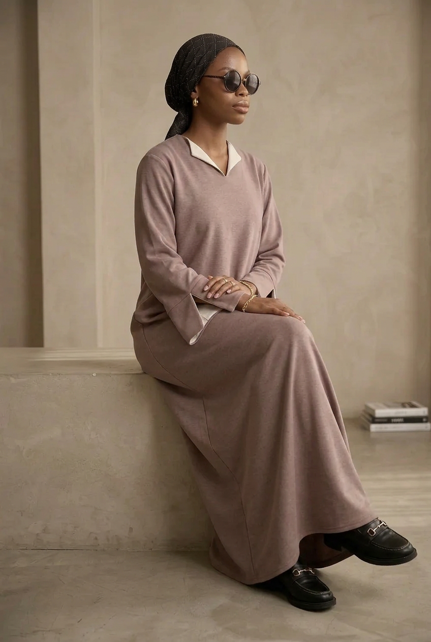 Robe Abaya Longue Ample Femme Col V Contrasté – Rokia