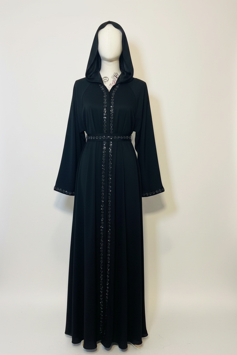 Shop by Lyah – Abaya Aïssa Noir – Broderies perlées – Fond neutre