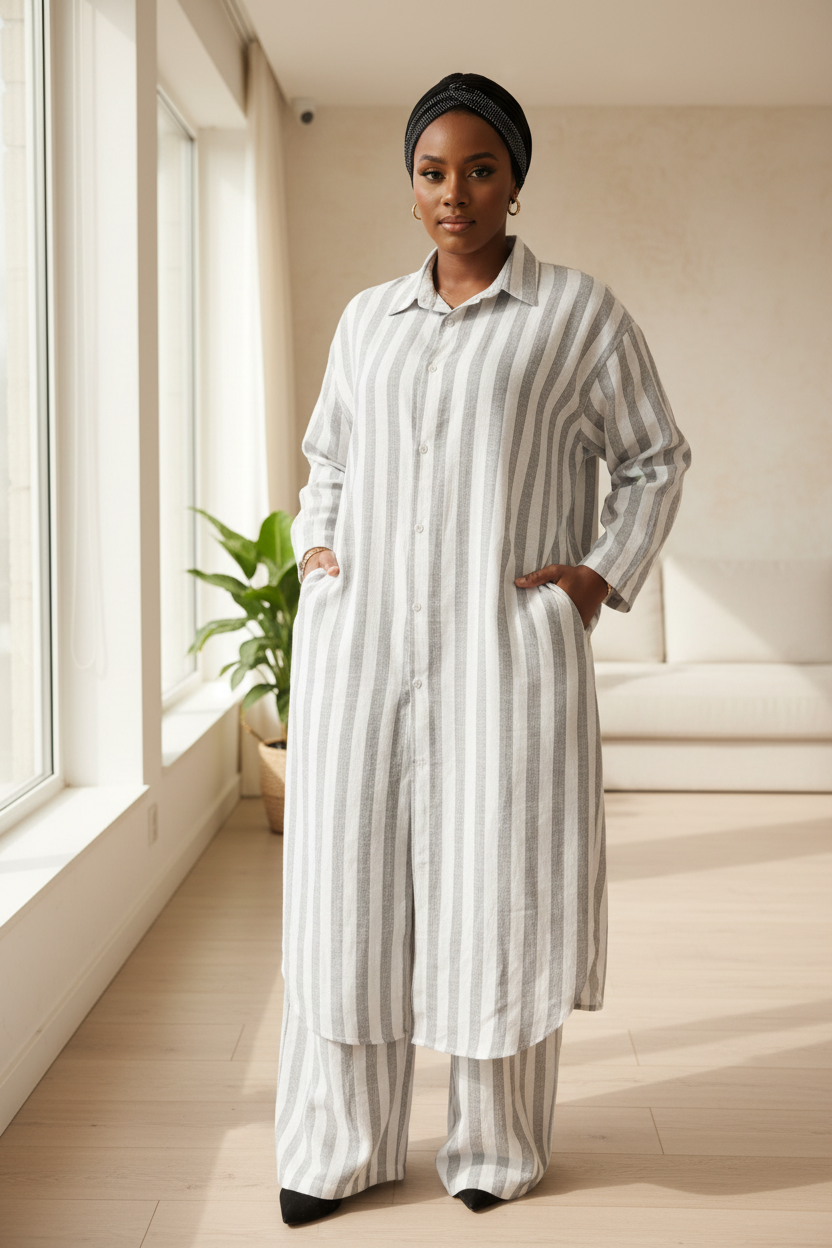 Ensemble Yasmine femme en lin - tunique et pantalon rayures gris et blanc
