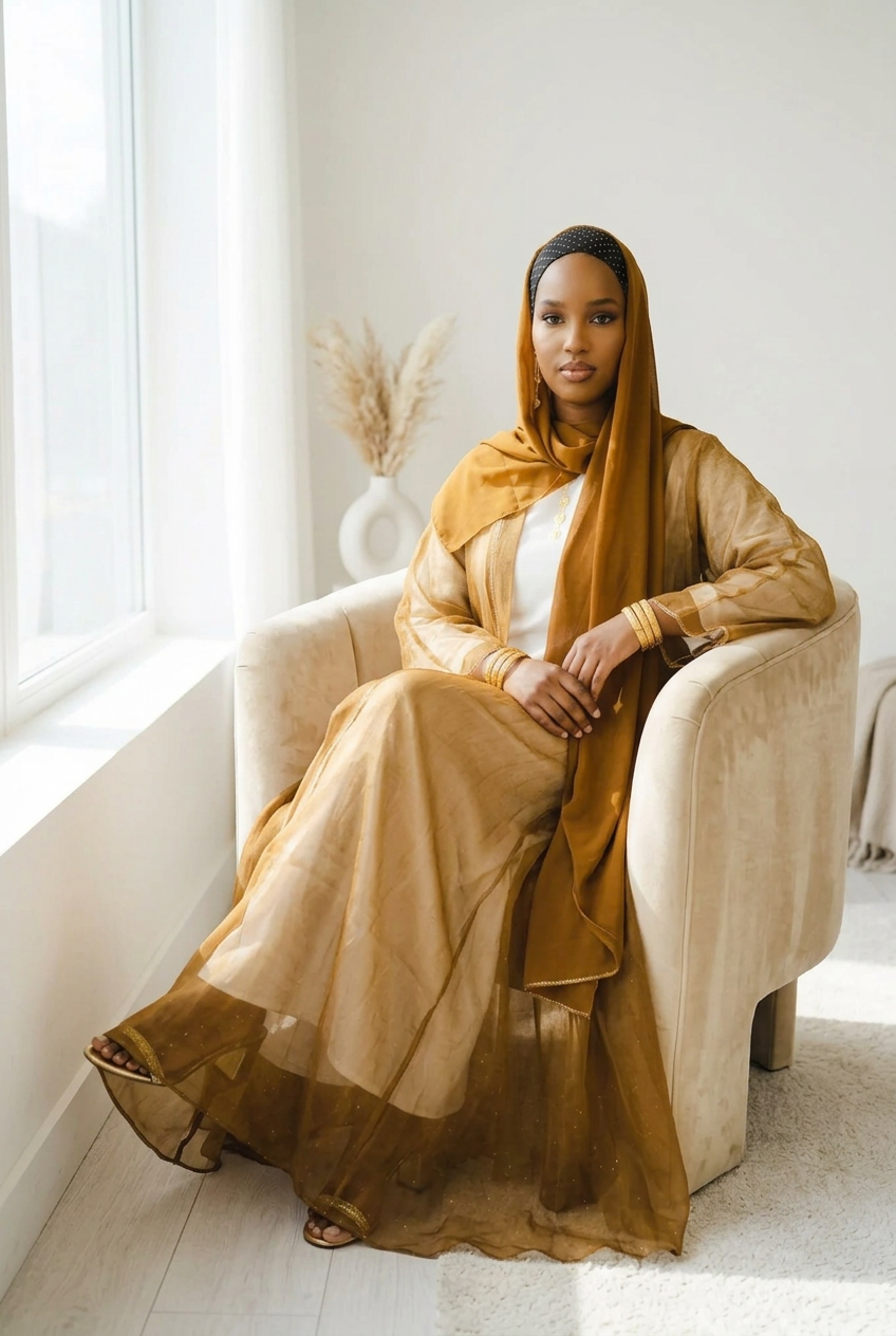 Abaya femme Médina deux pièces camel, voile doré transparent et hijab assorti – portée assise