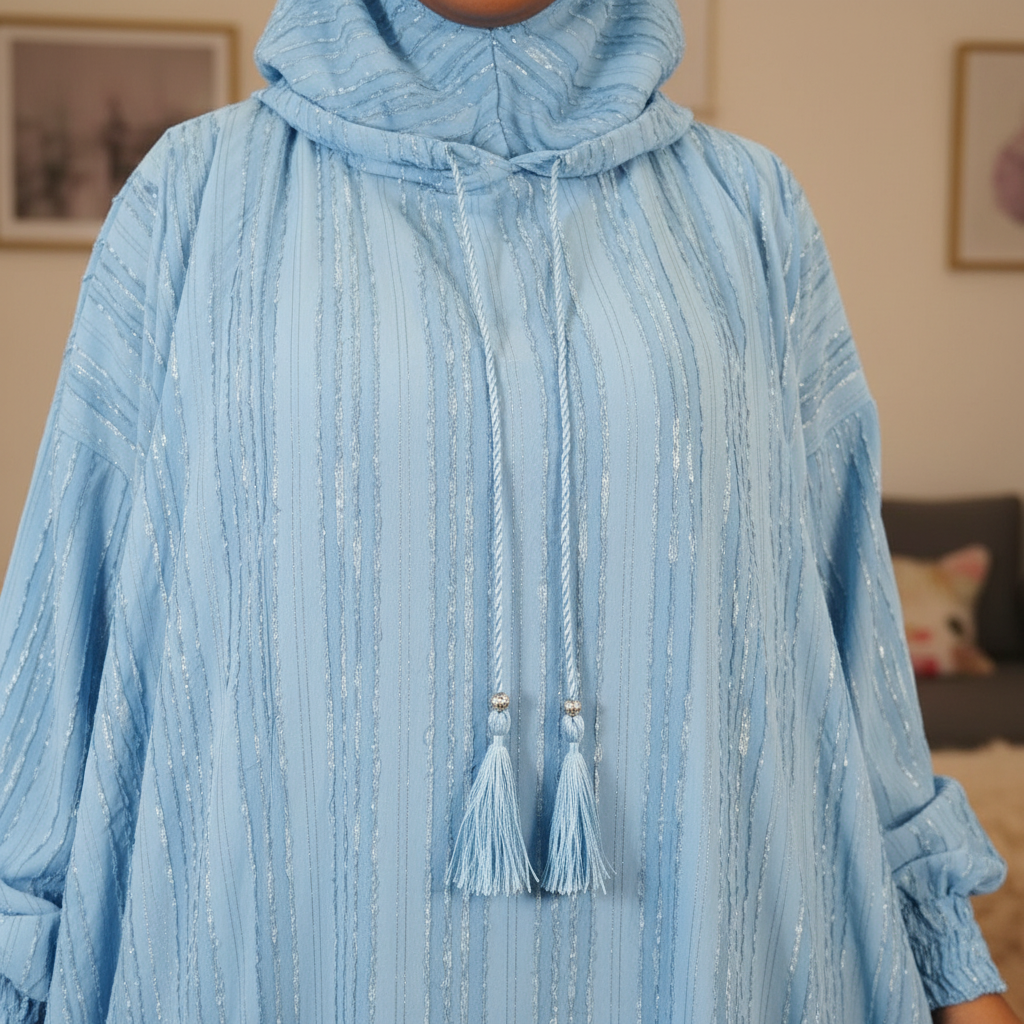 Shop by Lyah – Robe de prière Nour – Bleu / Noir / Rouge Bordeaux – Détail tissu