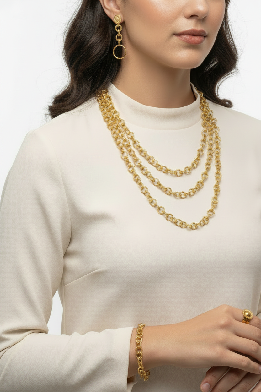 Parure Harmonie plaqué or portée sur mannequin buste - collier 3 rangs et boucles d'oreilles